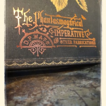 a close up faded image of the book featuring the title "The Phantasmagorical Imperative and Other Fabrications" in a sunburnt metallic orange